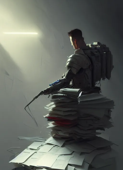 Image similar to epic wounded armored employee with so many paper in front of computer. highly detailed, digital painting, concept art, smooth, sharp focus, illustration, art by greg rutkowski