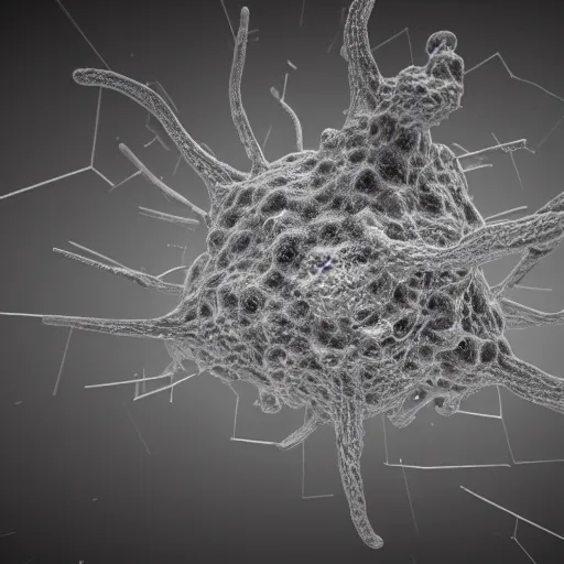 Prompt: a daguerreotype depicting precise details of microscopic shoggoth nanomachines in a fractal neuronal mycelial network, unreal engine cinema 4 d photorealism volumetric lighting