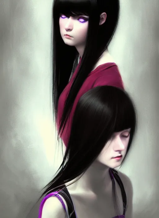 Image similar to hair blackbangs hair, white hair, blackbangswhitehair, portrait of teenage girl with black bangs, red irises, purple clothes, black bangs, bangs are white hair is black, intricate, elegant, glowing lights, highly detailed, digital painting, artstation, concept art, sharp focus, illustration, art by wlop, mars ravelo and greg rutkowski