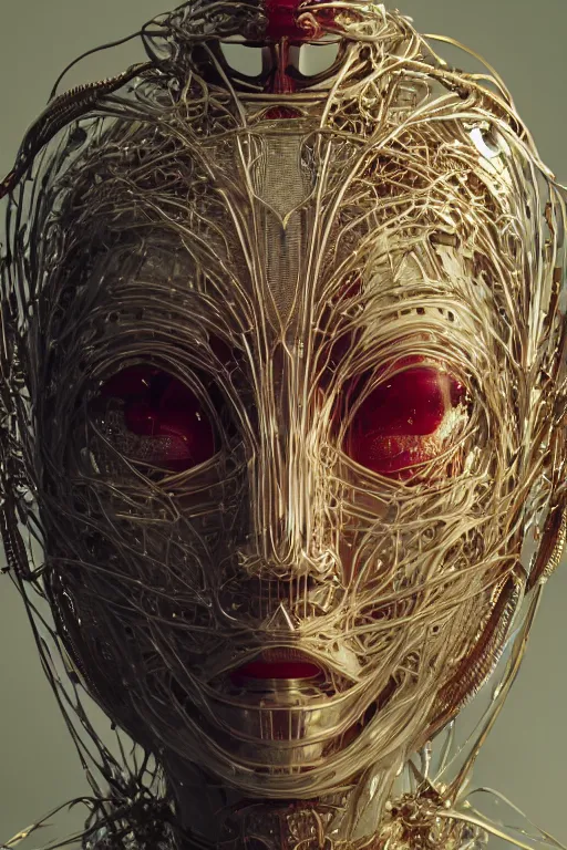 Prompt: intricate image of a complex robotic human face, liquid simulation background, dramatic lighting, silver gold red details, hexagonal mesh wire, filigree intricate details, cinematic, fleshy musculature, elegant, octane render, 8k post-processing, by Yoshitaka Amano, Daytoner, Greg Tocchini