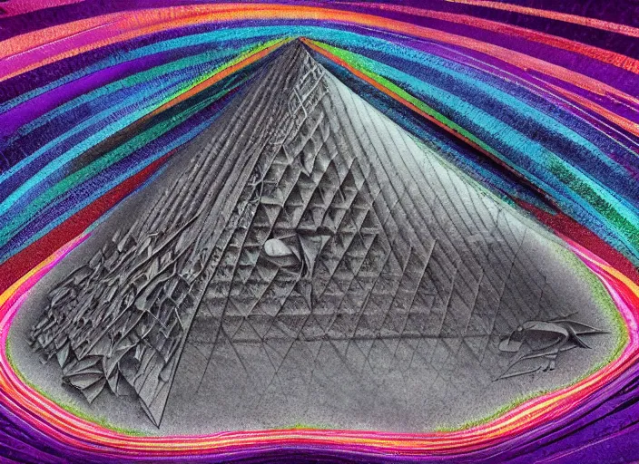 Prompt: Intricate scroll with musical notation blows in the wind, musical notes are lifted from the page, in the style of Pink Floyd Animals LP cover, intricate, detailed, curving, swirling. A glass pyramid prism rendered in Unreal Engine by Storm Thorgerson, faded grey muted wash of distant pastel colors. Cryengine, Raytracing, Psychedelic.