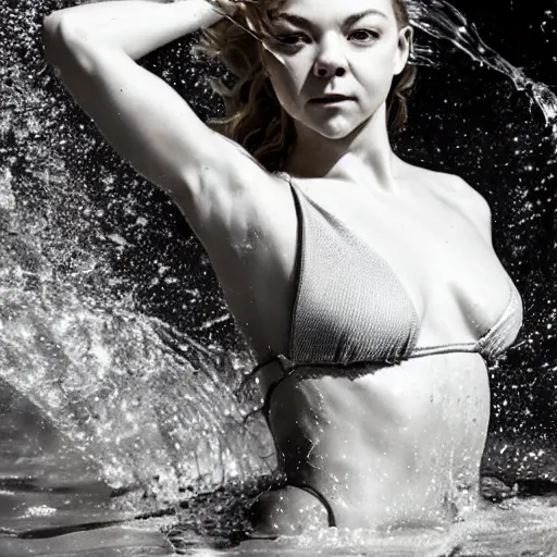 Image similar to close up of face of natalie dormer getting splashed with stunning honey by a hose, bikini, official valentino editorial, highly detailed
