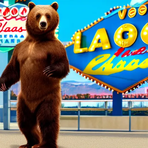 Image similar to film still of a bear in las vegas casino movie 4k