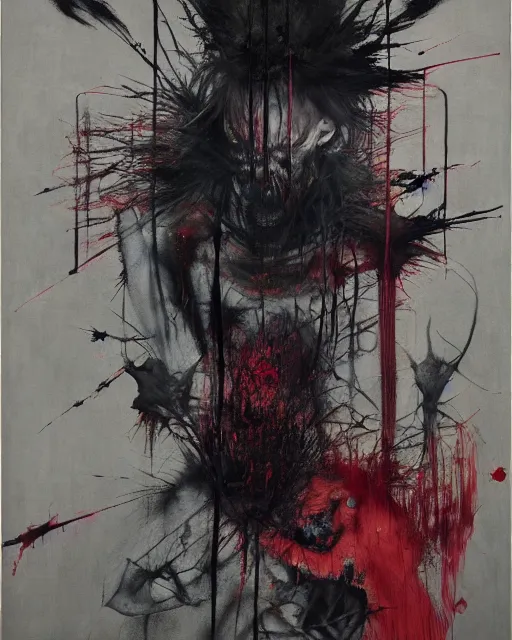 Prompt: the embodiment of dark surrealism, a brutalist designed, gothic, rich deep colours, charcoal, painted by francis bacon, adrian ghenie, james jean and petra cortright, part by gerhard richter, part by takato yamamoto. 8 k masterpiece.