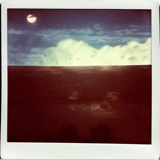 Prompt: vintage polaroid of an alien landscape, detailed clouds, planets visible in the sky, warm azure tones, red color bleed, film grain