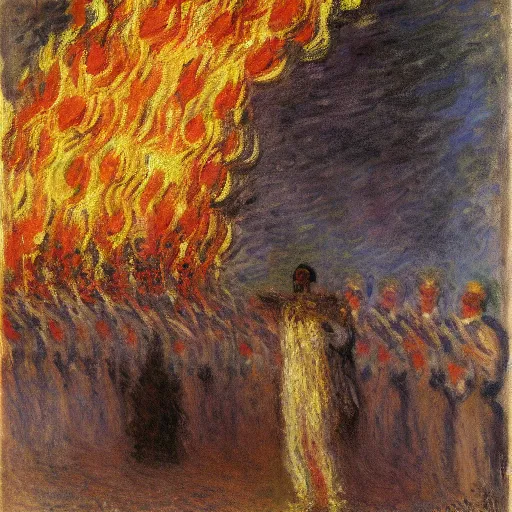 Prompt: a man burning in the middle of an opera by claude monet