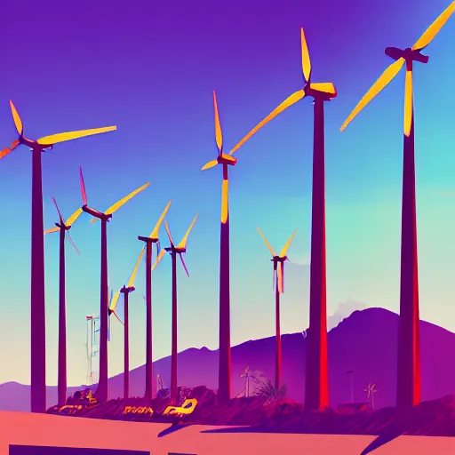 Prompt: a beautiful illustration of palm springs by James gilleard, wind turbines, palm trees, mountains, artstation HD, geometric lines, HD, 4k, 8k