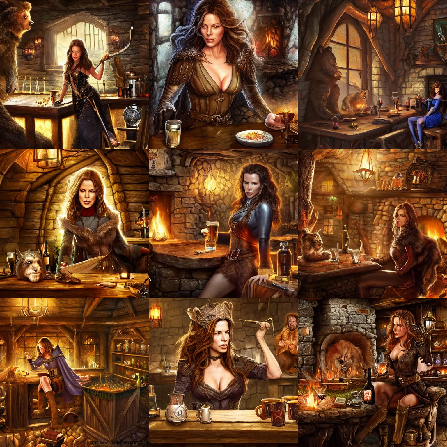 Prompt: kate beckinsale weared in elven splinter mail, sit in fantasy tavern near fireplace, behind bar deck with bear mugs, medieval dnd, colorfull digital fantasy art, 4k