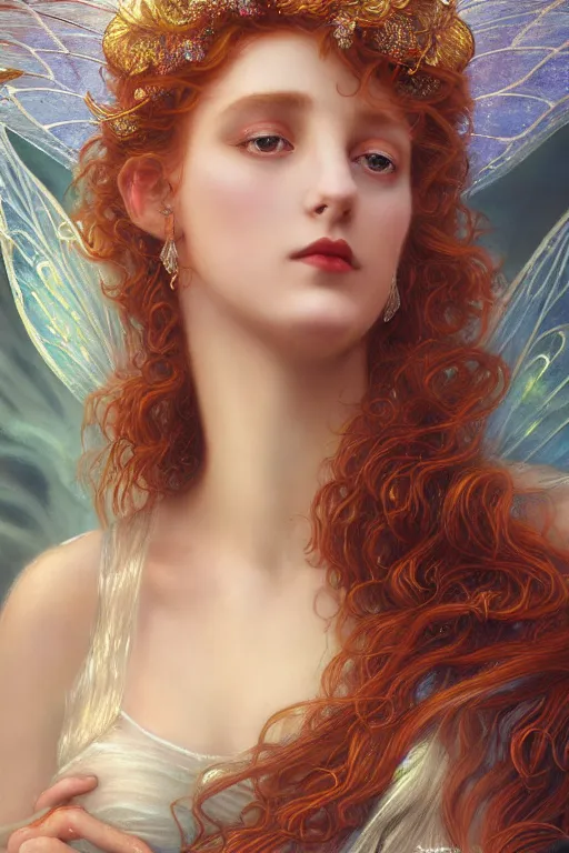 Image similar to a portrait of elegant beautiful queen of the water fairies, gossamer wings, hair made of ocean waves, illustration, dramatic lighting, soft details, painting oil on canvas, art nouveau, octane render, HDR, 4k, 8k, HD, by Edmund Blair Leighton, Brom, Charlie Bowater, trending on artstation, faces by Otto Schmit