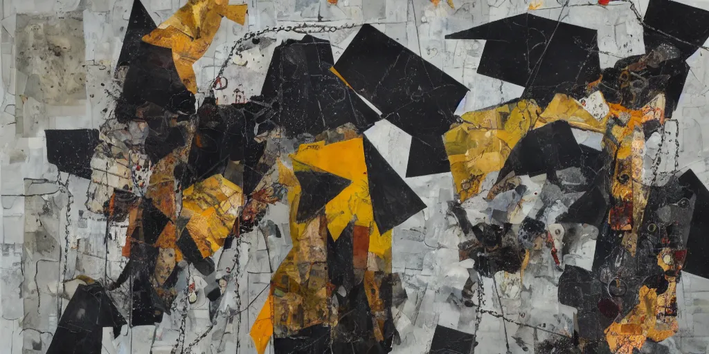 Prompt: mad dog on a chain, collage, sweeping paper and acrylic on canvas, minimalism and expressionism movement, breathtaking detailed, by natalia dumitrescu