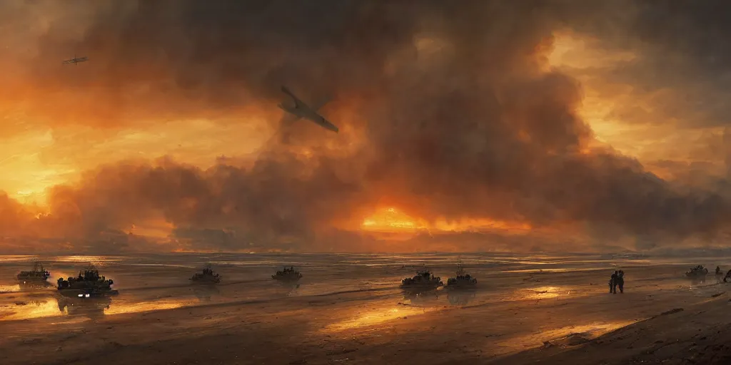 Image similar to the normandy landings, d - day, 1 9 4 5, sunset, chaos, smoke, fire, soldiers charging in, airplanes bombing the beach, destroyed tanks, highly detailed, wide shot, sadness, cinematic, ultra realistic, ray tracing, painting by jessica rossier and ivan shishkin