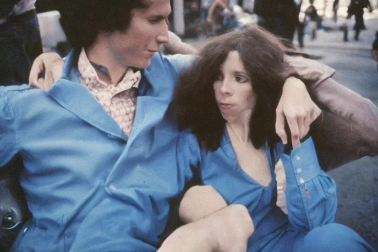 Image similar to film photography, 35mm, 1970s, love and romantic in blue colors, feeling of young and freedom, in style of Joel Meyerowitz