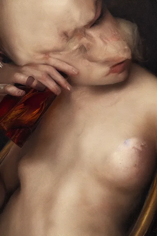 Image similar to lauren's stomach hurting after drinking too much alcohol, oil on canvas, intricate, portrait, 8 k highly professionally detailed, hdr, cgsociety