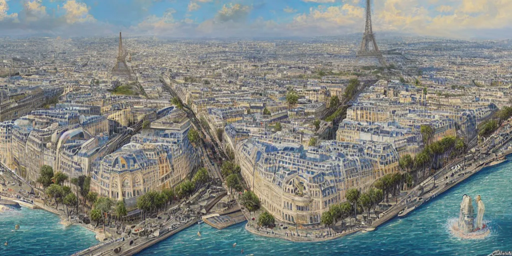 Prompt: the beautiful city of paris rebuilt next to the ocean in sunny california, amazing weather, beach view, palm trees, splendid haussmann architecture, wonderful eiffel tower, digital painting, highly detailed, intricate, concept art, matte painting, trending on artstation, art by greg rutkwowski, artgerm, wlop