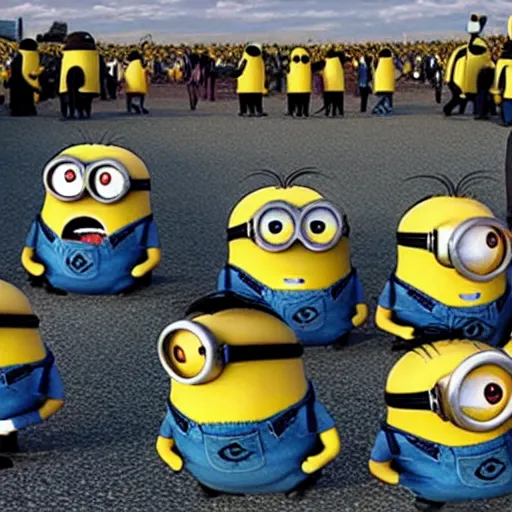 Image similar to minions characters at the hindenburg disaster.