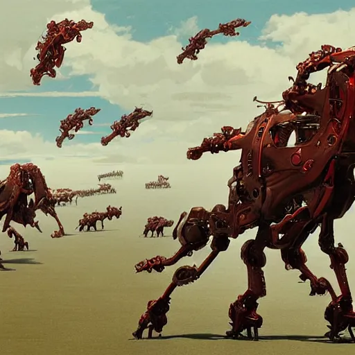 Image similar to carnivorous cyborg horses galloping across a blasted plain. c. leyendecker, simon stalenhag, studio ghibli, barlowe, audobon and beksinski