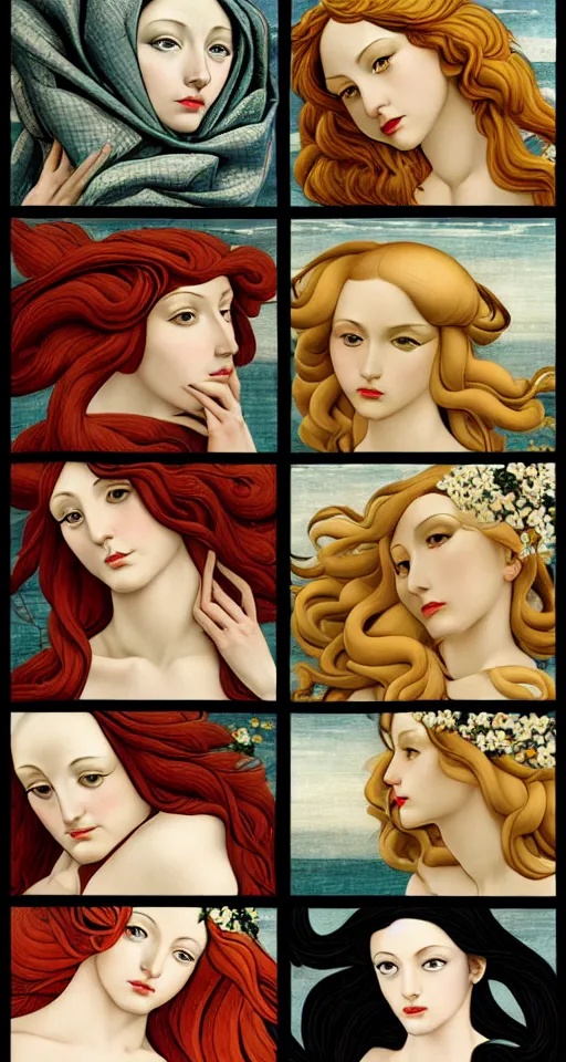 Image similar to the 12 months of the year as figures, (3 are Winter, 3 are Spring, 3 are Summer and 3 are Autumn), in a mixed style of Botticelli and Æon Flux, inspired by pre-raphaelite paintings and shoujo manga, hyper detailed, stunning inking lines, flat colors, 4K photorealistic