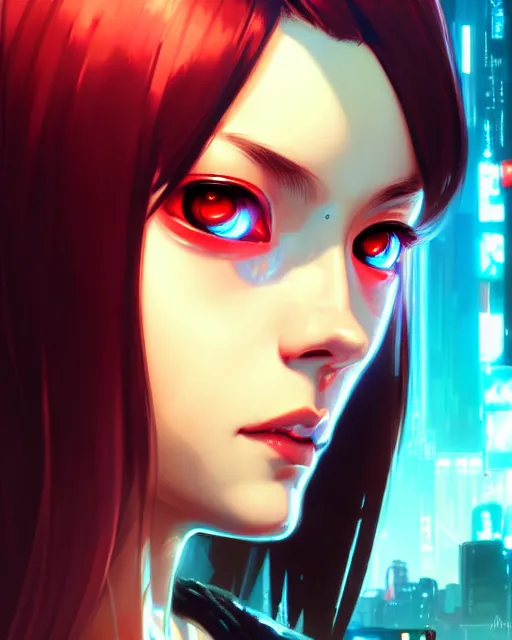 Image similar to a comic potrait of a cyberpunk cyborg girl with big and cute eyes, fine - face, realistic shaded perfect face, fine details. night setting. very anime style. realistic shaded lighting poster by ilya kuvshinov katsuhiro, artgerm, jeremy lipkin and michael garmash, unreal engine, radiant light, detailed and intricate environment