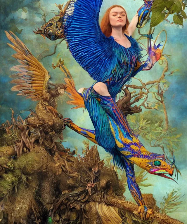 Prompt: a portrait photograph of a meditating fierce sadie sink as a colorful harpy bird super hero with blue striped skin with scales. she is transforming into a amphibian. by donato giancola, hans holbein, walton ford, gaston bussiere, peter mohrbacher and brian froud. 8 k, cgsociety, fashion editorial