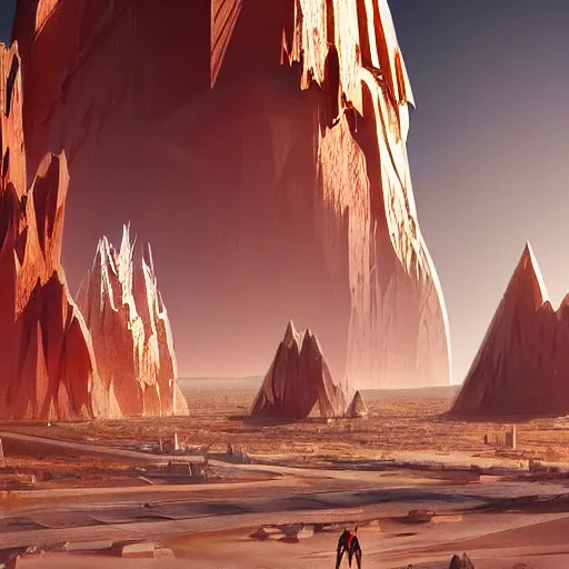 Prompt: huge angular vertical complex translucent crystals in the desert, reflection from the crystal is sparkling due to sun, small retro starship in the sky, futuristic hi-tech details, art by anthony macbain + greg rutkowski + alphonse mucha, concept art, 4k, sharp focus, cinematic render unreal engine