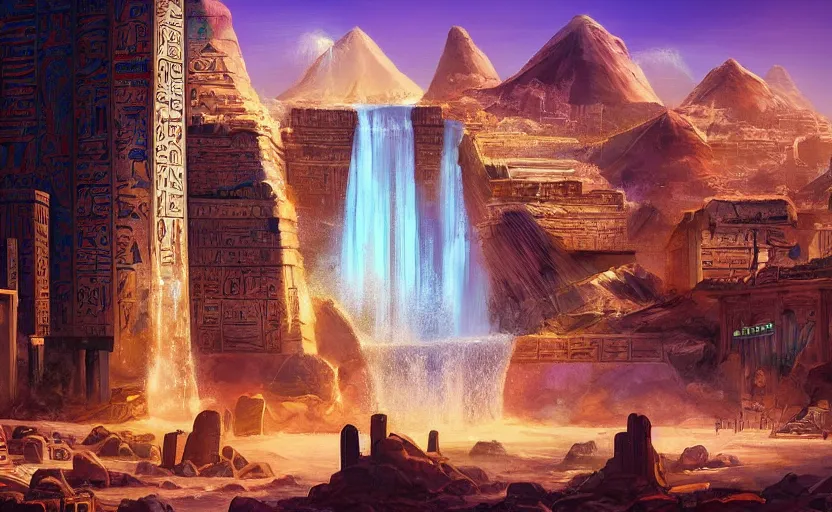 Prompt: ancient egyptian cityscape with waterfalls, retrowave epic art, trending on art station