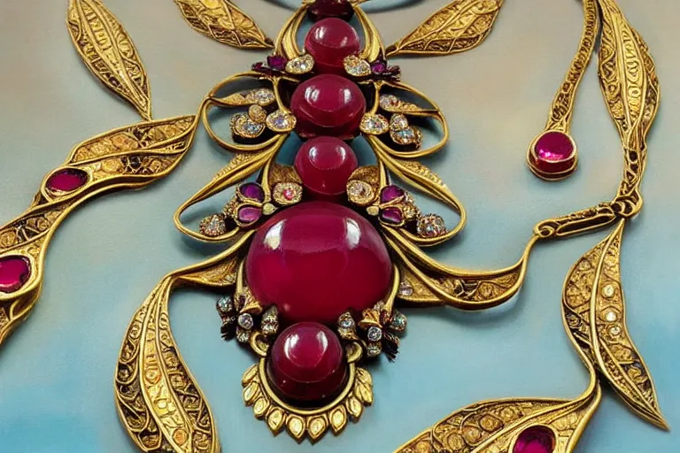 Image similar to highly detailed oil painting, front view, very realistic gemstones, art nouveau, ornate, delicate, brilliant ruby necklace, necklace on display, dramatic light,