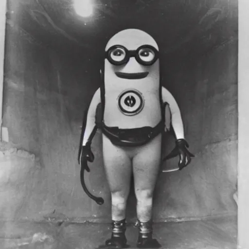 Image similar to old creepy black and white photograph of a minion in deep sea diving gear