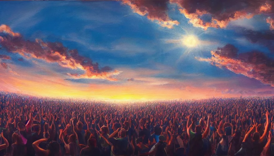 Image similar to painting of a panicked crowd pointing!! towards a glowing sky, raising their arms, volumetric lighting, nasty, hyperdetailed, realistic