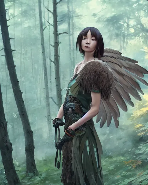 Image similar to a female anthropomorphic eagle warrior. She has two wings on her back. Her skin is covered in feathers. Forest, clearing. Full shot, wings are focus. Atmospheric lighting, By Makoto Shinkai, Stanley Artgerm Lau, WLOP, Rossdraws, James Jean, Andrei Riabovitchev, Marc Simonetti, krenz cushart, Sakimichan, D&D trending on ArtStation, digital art.