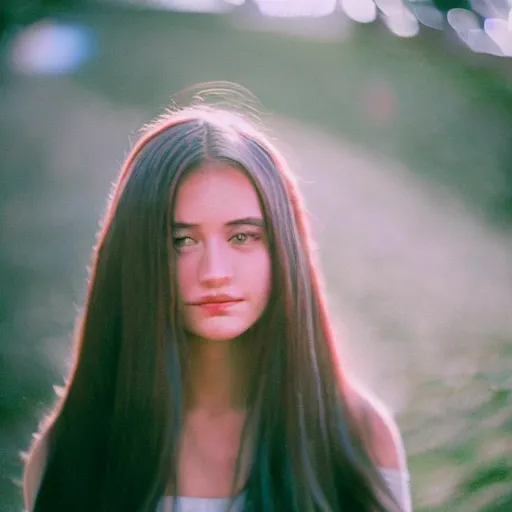 Prompt: a portrait photography of a woman with long hair. agfa vista 4 0 0 film. detailed. depth of field. cinematic. lens flare. grainy film. warm light.
