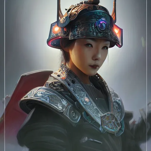 Image similar to closeup of a young cyberpunk samurai lady wearing a visor D&D, fantasy, intricate, elegant, highly detailed, digital painting, artstation, concept art, matte, sharp focus, illustration, hearthstone, art by Artgerm and Greg Rutkowski and Alphonse Mucha