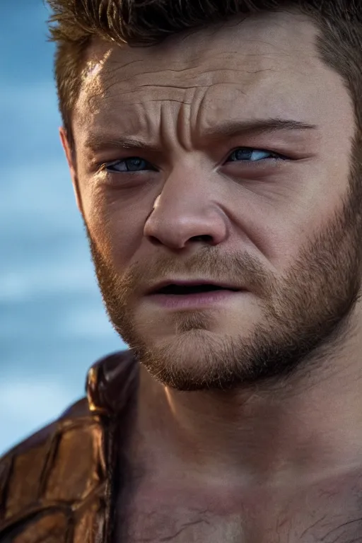 Prompt: Taron Egerton as Wolverine, close-up, sigma male, rule of thirds, award winning photo, unreal engine, studio lighting, highly detailed features, Canadian city setting