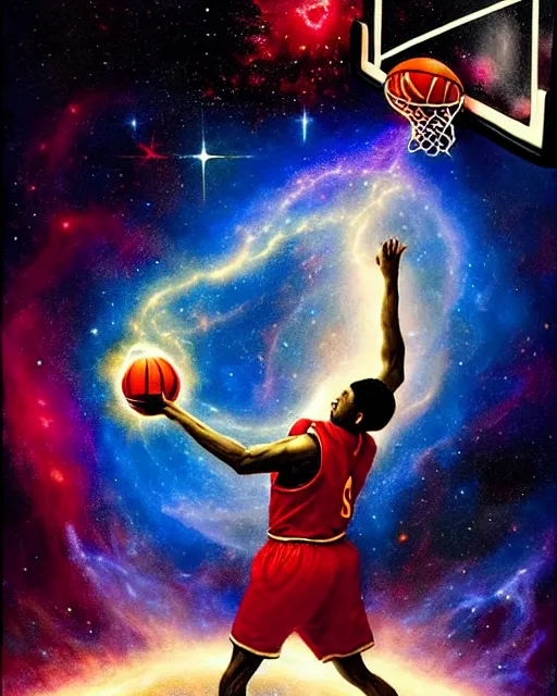 Image similar to cosmic basketball player dunking a basketball hoop in a nebula, an oil painting, by ( leonardo da vinci ) and greg rutkowski and rafal olbinski and ross tran, award - winning magazine cover