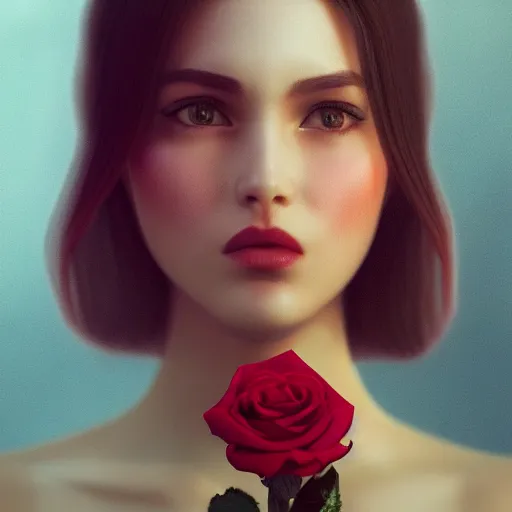 Prompt: hight focus of a wonderful sweet wonderful symmetrical profile portrait of a lady with a clear skin, with a rose in the center of her lips, dramatic light, cinematic, artstation, octane render 8 k s 1