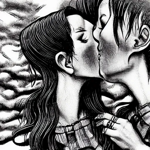 Image similar to two monstrous women kissing each other with long spiraling lips, eldritch abomination, horror manga illustration by junji ito, key visual, monochromatic