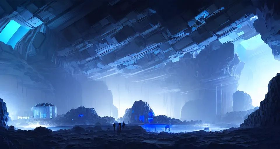 Image similar to futuristic factory in a dark cave, black rocks, blue crystals, mining, digging, dramatic light, digital painting, volumetric light, artstation, concept art, sharp focus