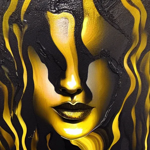 Prompt: liquid marble acrylic fluid paint, portrait, golden and black liquid materials, abstract art, beautiful female model standing, octadecahedrals, semi realism, surreal