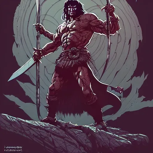 Image similar to cell shaded cartoon, a dark lord conan the Barbarian raising a sword atop a mountain of bones, concept art by josan gonzales and wlop, Laurie Greasley and james jean, highly detailed, sharp focus, Trending on Artstation, HQ, deviantart, art by artgem