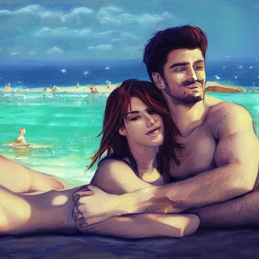 Image similar to a beautiful couple relaxing on the beach, studio ghibi, Trending on artstation