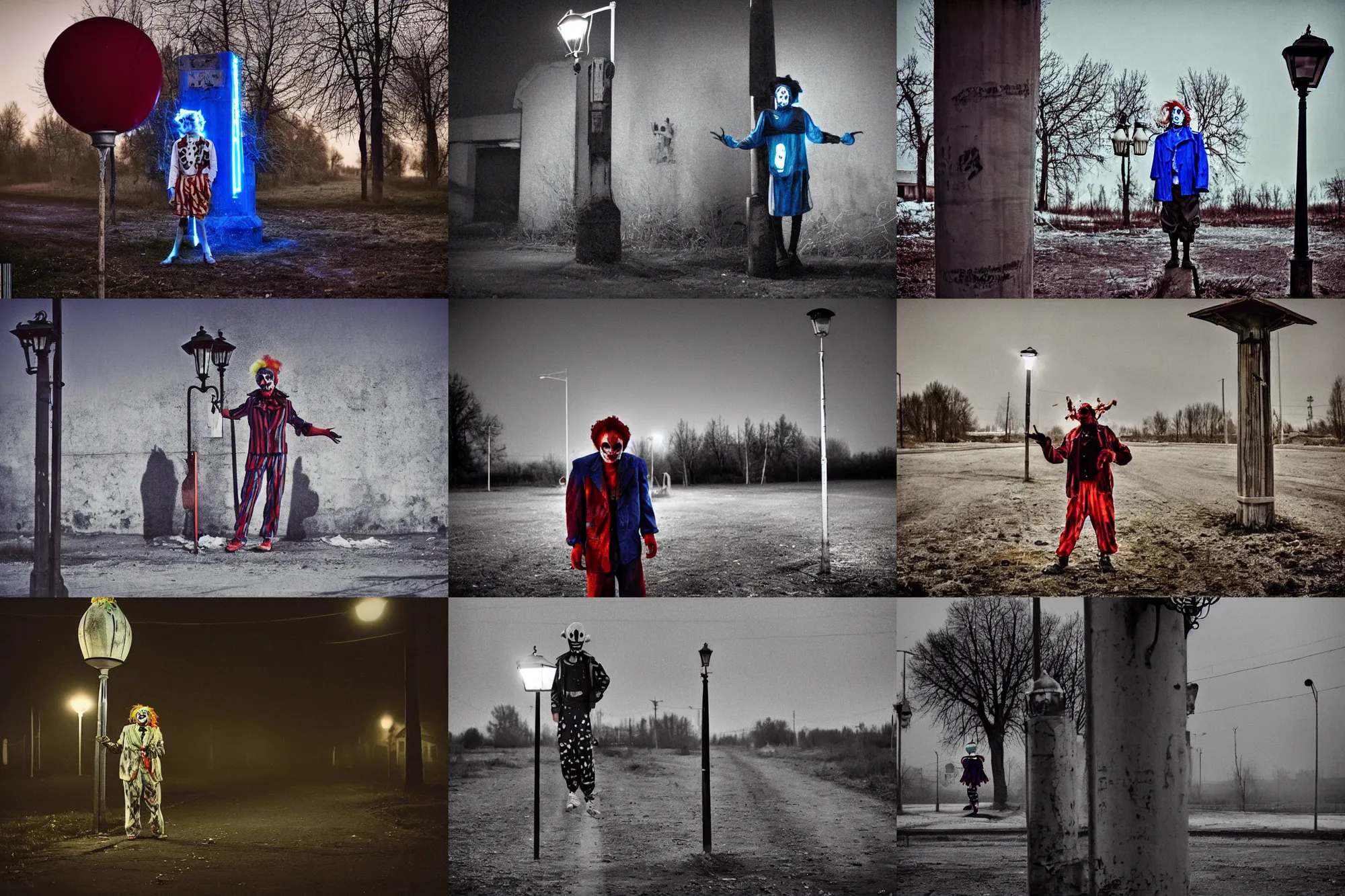 Prompt: a thin scary clown in torn clothes stands under a lamppost that shines a blue light on the clown, pitch darkness around the post, everything happens in an old Soviet village, the photo was taken from afar, Colourful, Cinematic, filmic, 35mm, dark atmosphere, horror, scary, Wildlife photography