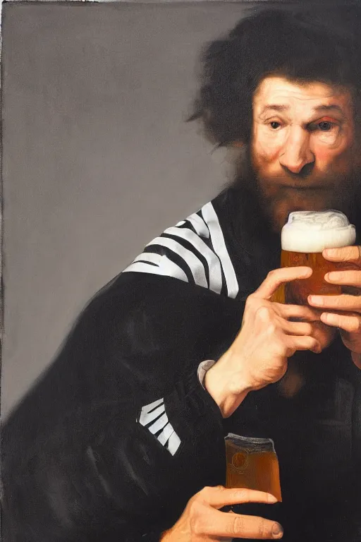 Prompt: drunk angry man in black adidas sportswear jacket holding a beer, dark background,painting by Rembrandt