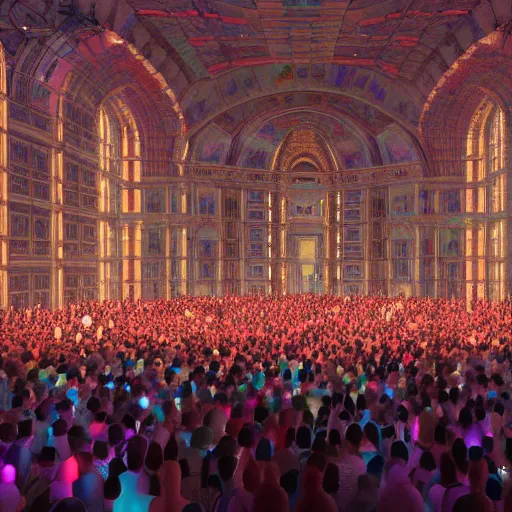 Prompt: a large crowd of people at a concert, a screenshot by alesso baldovinetti, cg society, maximalism, sanctuary, hall of mirrors, glowing neon