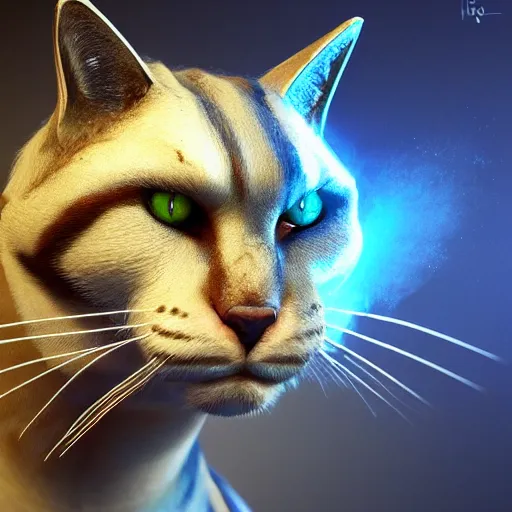 Image similar to character concept portrait, a warrior cat in a combat stance, bright glowing, 3 d rendered, 3 d rendering, dramatic lighting, unreal enginedigital painting, concept art, smooth, sharp focus, illustration, 8 k resolution, trending on art station, cinema 4 d, behance hd