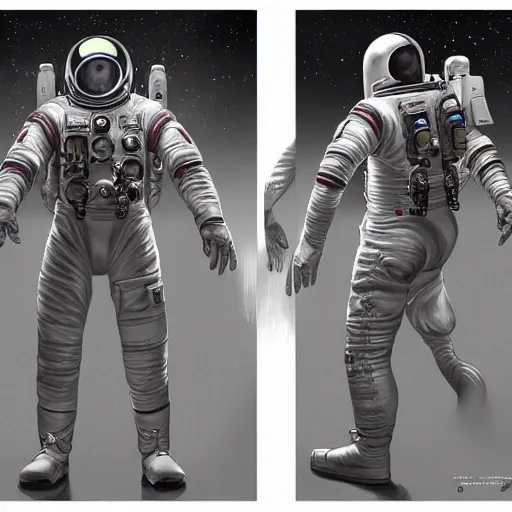 Image similar to Front, side and back character view of Astronaut from Kojima Productions by Donato Giancola, trending on Artstation concept arts