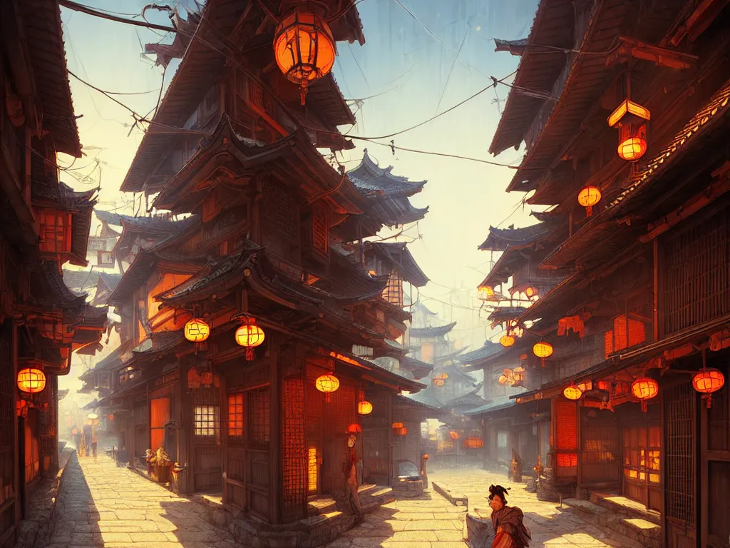Image similar to old japanese street, d & d digital painting, intricate details, ultra realistic, beautiful, volumetric lighting, warm colors advance, cell shading, by james jean, greg rutkowski, gerald brom, wlop