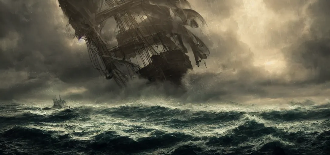 Image similar to wild ocean, ship gets pulled down by giant kraken, rainy night, dramatic lighting, cinematic, establishing shot, extremly high detail, foto realistic, pirates of the carribean, cinematic lighting, post processed, concept art, artstation, matte painting, style by studio ghibli, mysazaki