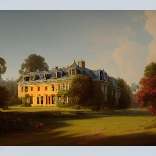 Prompt: a large serene beautiful matte painting of a quaint french country mansion, by asher brown durand and greg rutkowski, featured on artstation, blue and orange color scheme