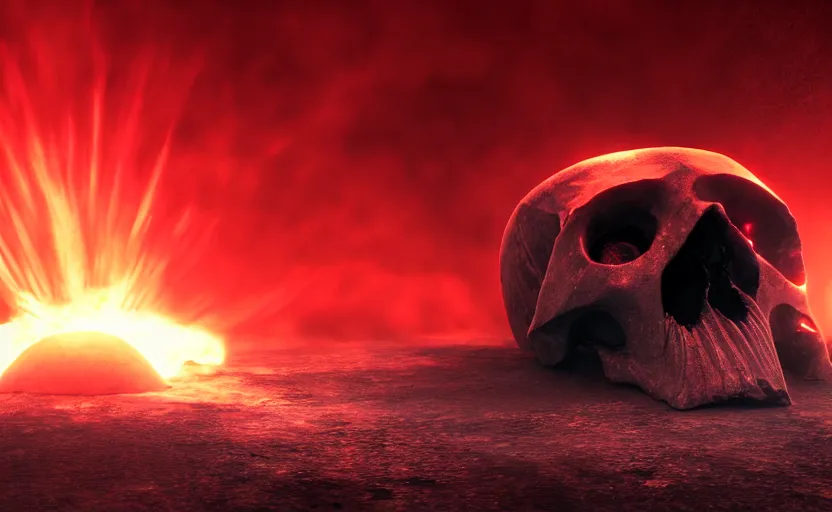 Prompt: nuclear explosion of blood in a shape of a skull, cinematic shot, dramatic volumetric lighting, epic composition, 4K Ultra HD