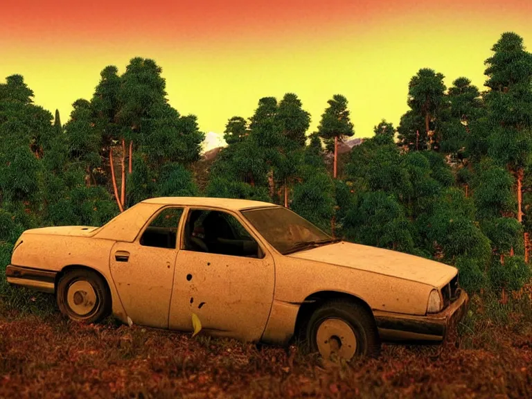 Image similar to low angle shot of tree growing inside scrap car in the foreground. overgrown. soft golden red sunset over the mountains in the background. clouds. detailed leaves, the style of 1 9 9 0's cg graphics against the cloudy night sky, lsd dream emulator psx, 3 d rendered y 2 k aesthetic by ichiro tanida, 3 do magazine, wide shot