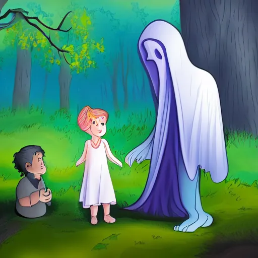 Image similar to a ethereal phantom talking with a kid in the middle of a dark forest